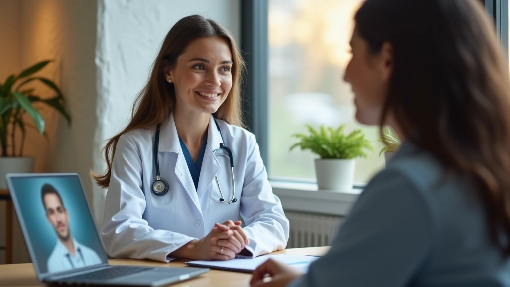 Professional female doctor in white coat conducting video consultation on laptop, warm office lighting, patient perspective view, calm clinical setting