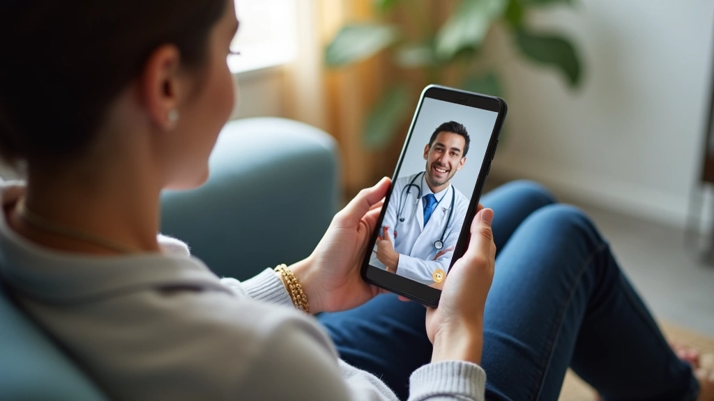 Uninsured patient holding phone during telehealth appointment at home, sitting on couch, relaxed expression, modern smartphon