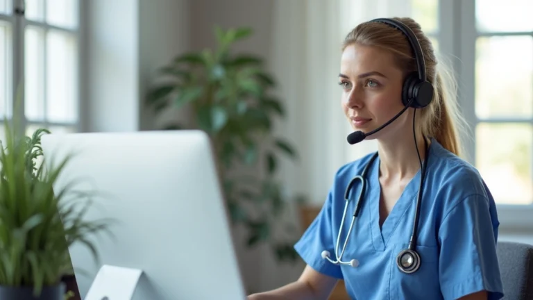 Professional nurse in home office with computer, headset, and stethoscope, bright natural lighting, modern desk setup, focused expression