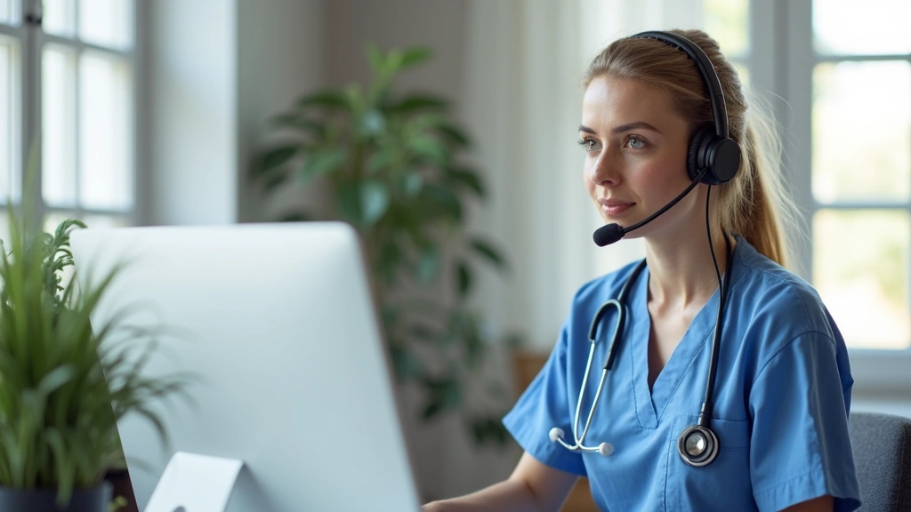 Professional nurse in home office with computer, headset, and stethoscope, bright natural lighting, modern desk setup, focused expression