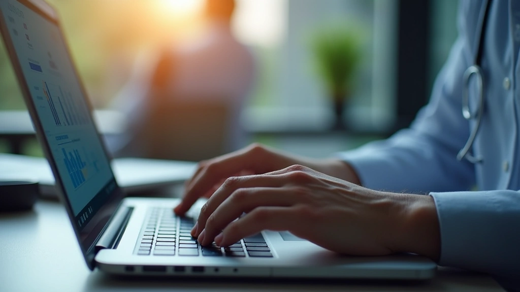 Close-up of hands typing on laptop keyboard with healthcare software interface visible on monitor, warm office lighting, prof