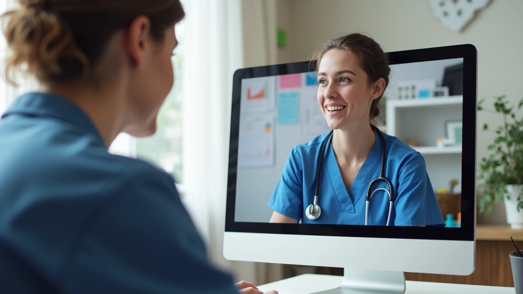 Nurse in home office on video call with patient on computer screen, professional background, wearing scrubs, engaged consulta