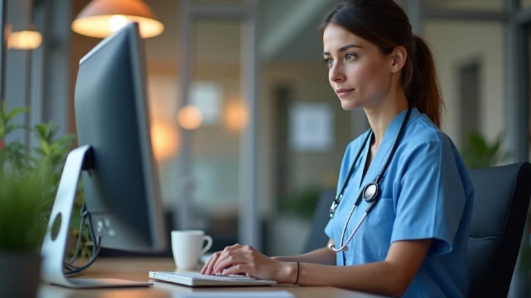 Professional female nurse practitioner in modern healthcare office conducting video consultation on computer, warm lighting, professional attire, focused expression, stethoscope visible
