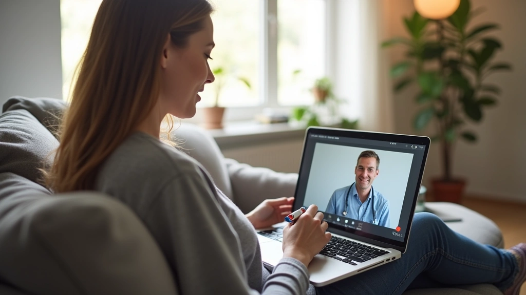 Patient at home on laptop during telehealth appointment, sitting comfortably on couch, natural daylight from window, calm hom