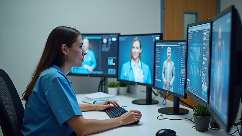 Healthcare provider in telehealth clinic setting at desk with multiple monitors showing patient data and electronic health re