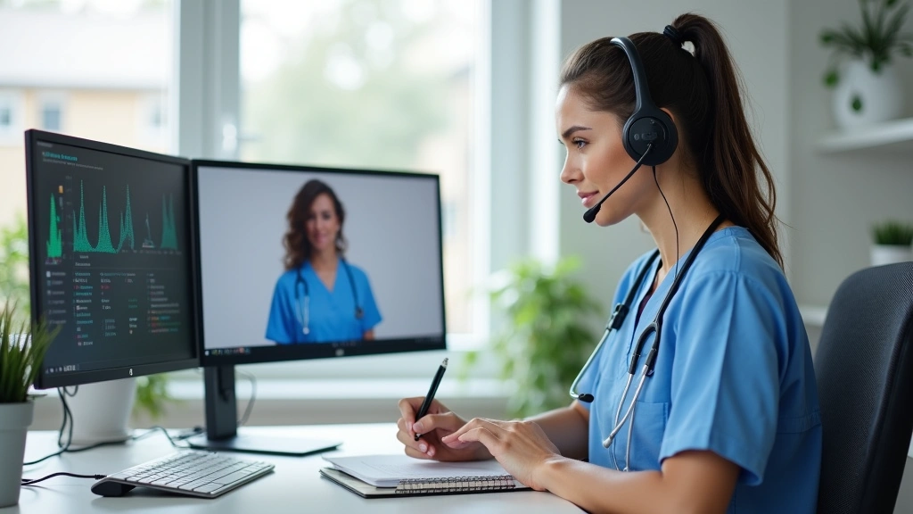 Professional female nurse in modern home office setup with dual monitors, headset, and medical equipment, taking notes during
