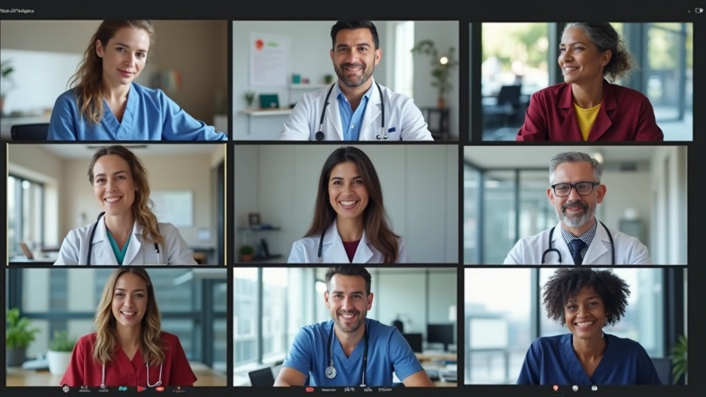 Diverse telehealth nursing team in collaborative virtual meeting, shown on computer screens with professional attire, modern