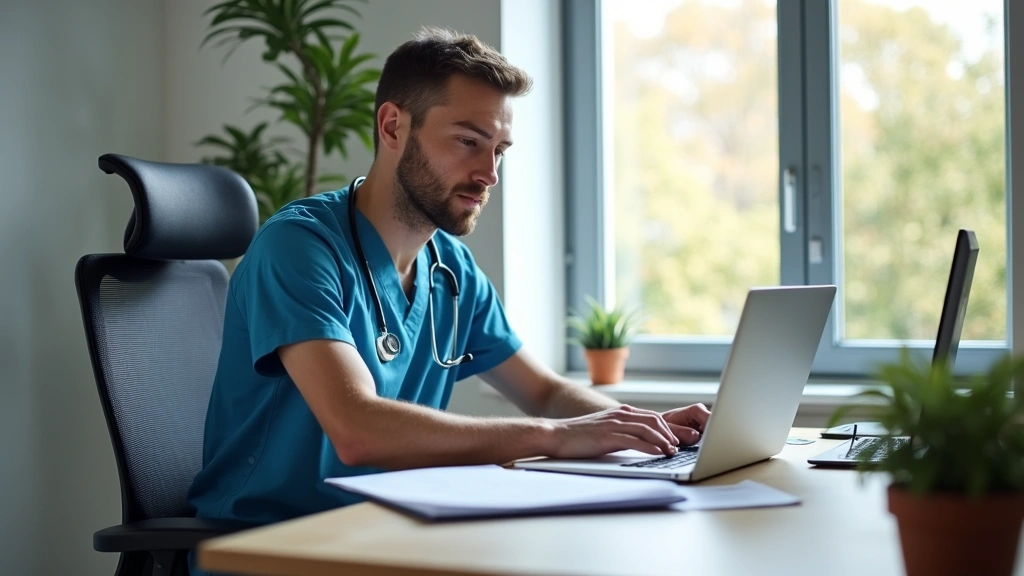 Male nurse working at ergonomic desk from home office with laptop, medical reference materials, and professional background,
