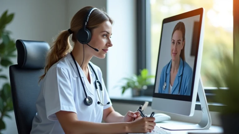Professional female nurse in home office with dual monitors, wearing headset, taking patient notes during video consultation, natural lighting, modern desk setup