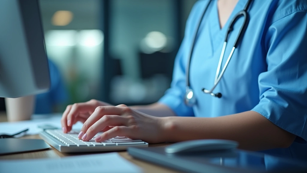 Close-up of nurse hands typing on keyboard with electronic health record system displayed on computer screen, clinical worksp