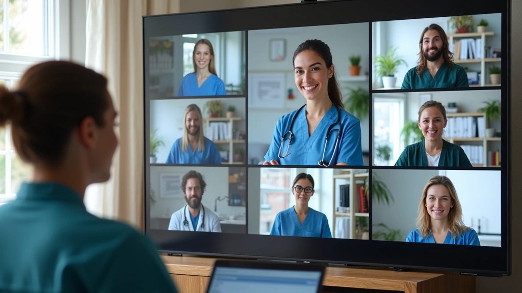 Diverse telehealth nurse team in individual home offices during virtual meeting on large screen, multiple video call windows 