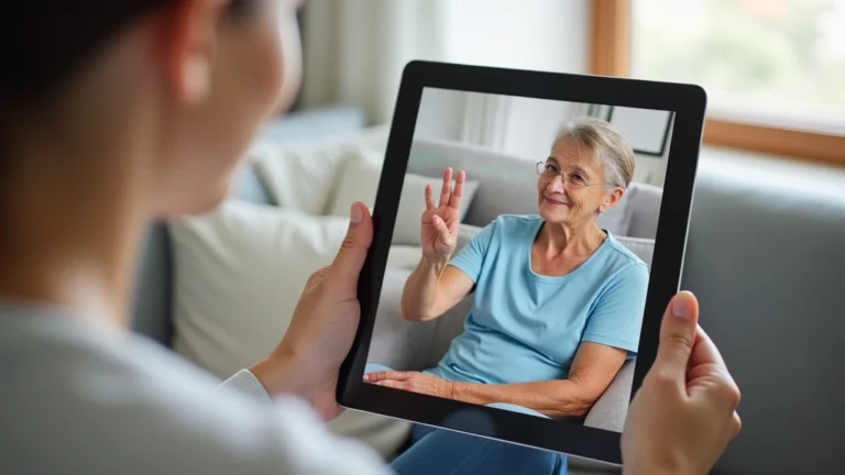 Professional occupational therapist conducting video consultation with elderly patient on tablet in home setting, patient demonstrating hand exercises