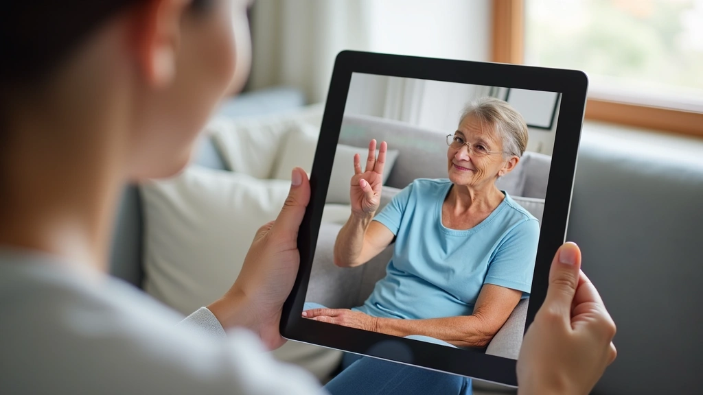 Professional occupational therapist conducting video consultation with elderly patient on tablet in home setting, patient demonstrating hand exercises