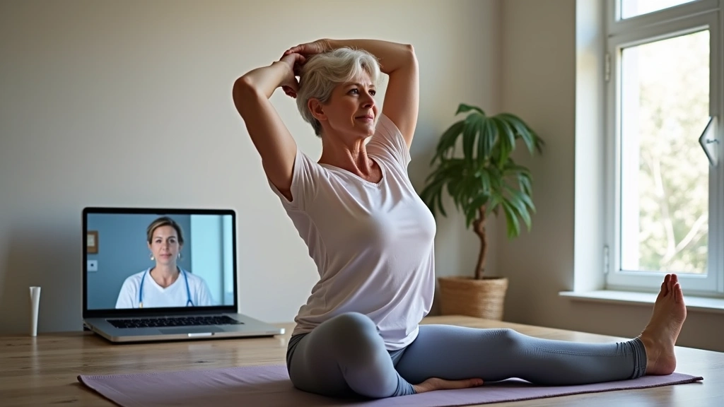 Middle-aged woman in home environment performing upper body stretching exercise guided by remote therapist visible on laptop 