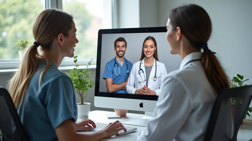Professional occupational therapist conducting virtual patient assessment via video call on computer in clinical office setting with healthcare technology visible