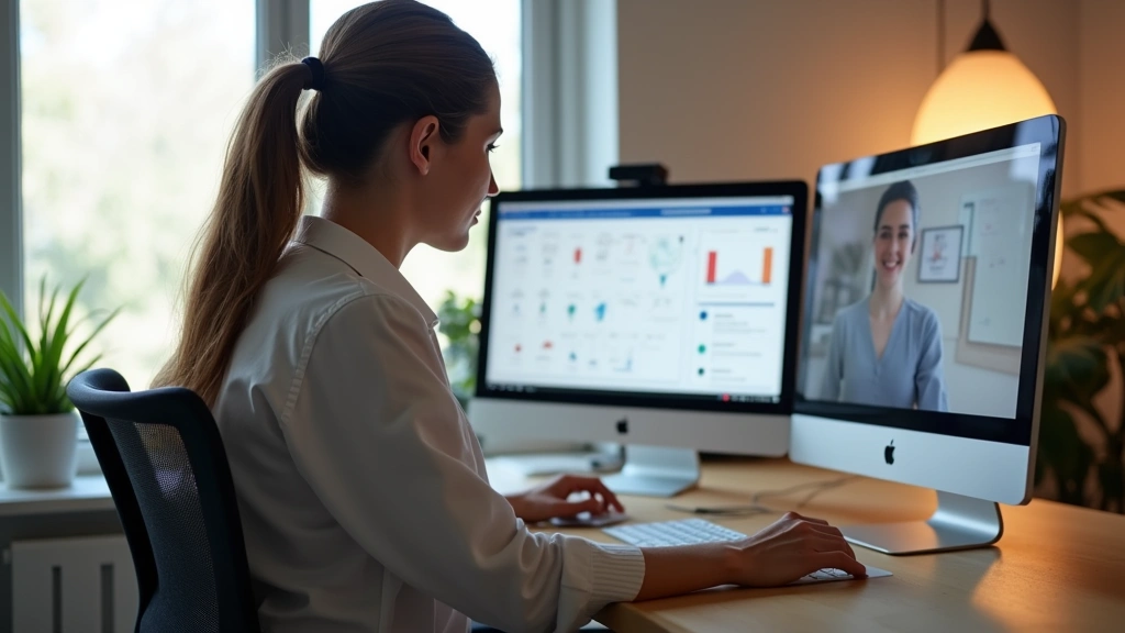 Female OT specialist working remotely from home office with multiple monitors displaying patient records and telehealth platf