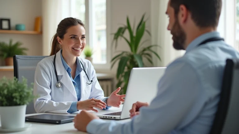 Professional telehealth consultation: female patient in modern home office on video call with male doctor wearing white coat, bright natural lighting, laptop screen visible