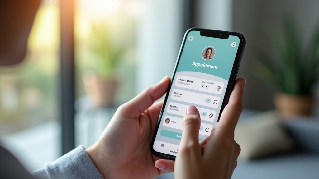 Patient booking telehealth appointment: persons hands using smartphone to select appointment time on healthcare app interface