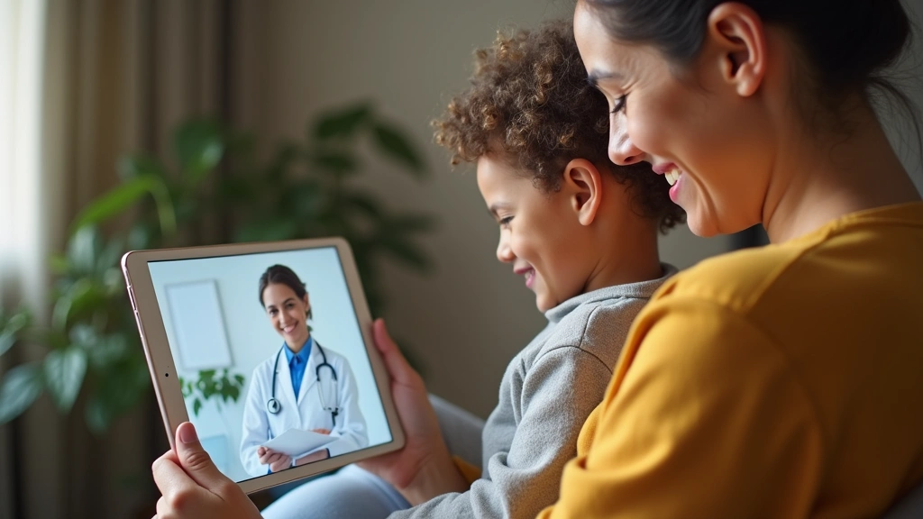 Parent holding young child during video call on tablet with pediatrician visible on screen in medical office, warm home setti