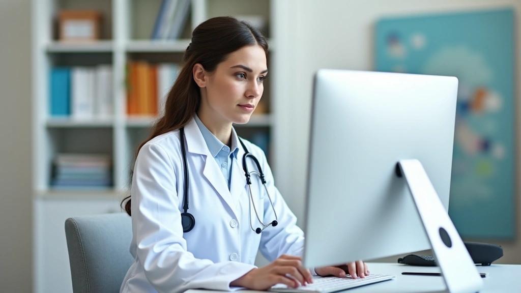 Pediatrician in white coat sitting at desk using computer for video consultation, professional medical office background, ste