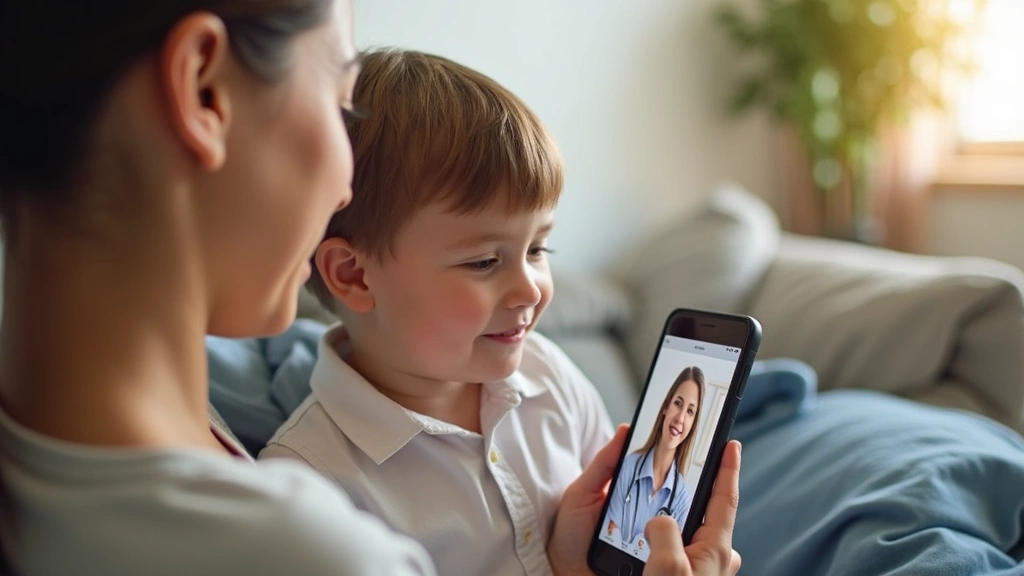 Child with parent looking at smartphone screen showing telehealth appointment interface, comfortable home environment, bright