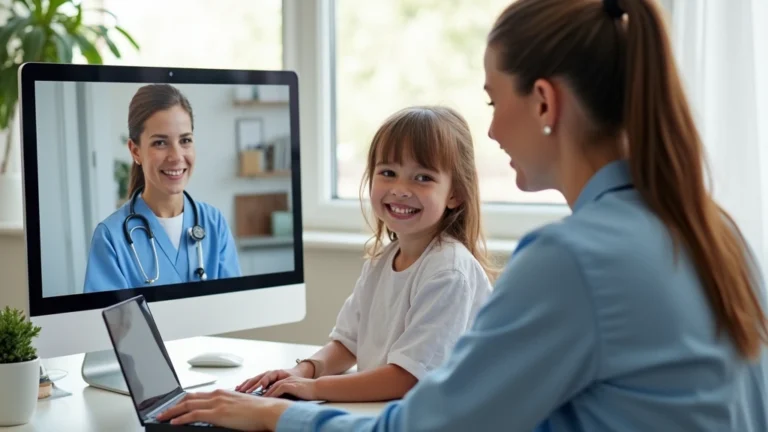 Professional mother and young child having video consultation with pediatrician on laptop in bright home office, child smiling at screen, healthcare setting visible on monitor