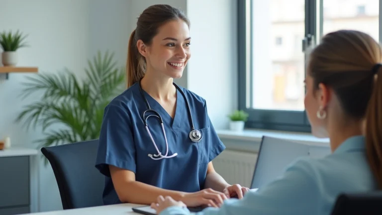Professional female physical therapist in home office with computer, wearing scrubs, conducting virtual patient session with good lighting and medical background