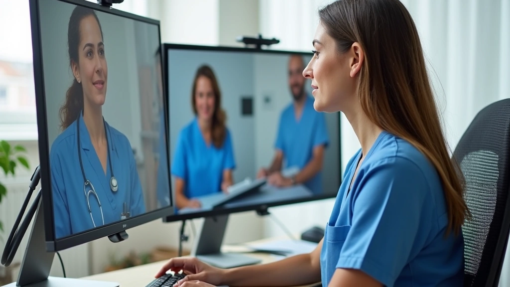 Licensed physical therapist at modern desk with dual monitors, video conferencing setup, professional healthcare environment,