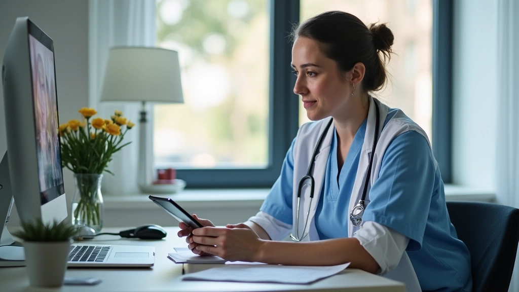 Telehealth PT professional in clinical setting with technology, reviewing patient notes on tablet while video call active, mo