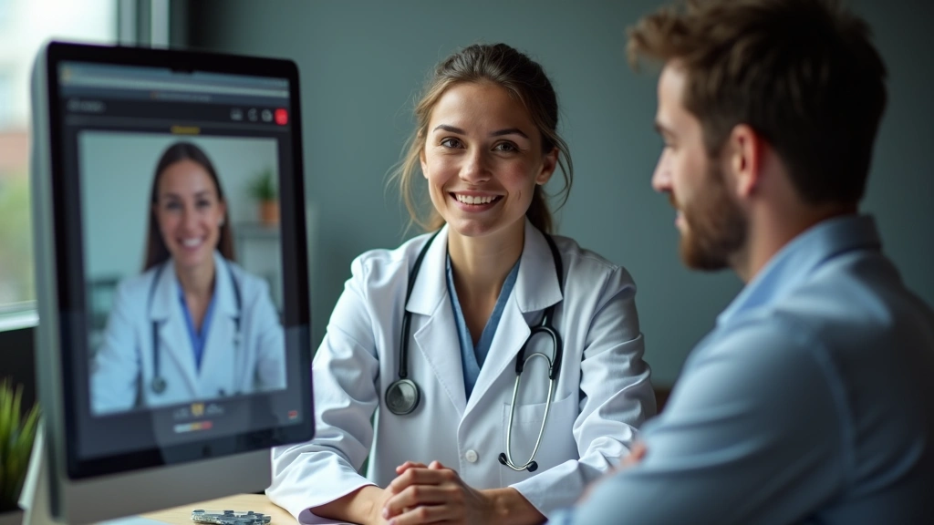 Professional female telehealth doctor in white coat consulting with patient via video call on computer screen in modern clinic setting, warm lighting, focused expression, stethoscope visible