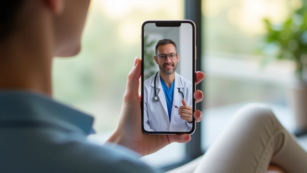 Patient holding smartphone showing telehealth video consultation with doctor, sitting in bright home setting, natural window 