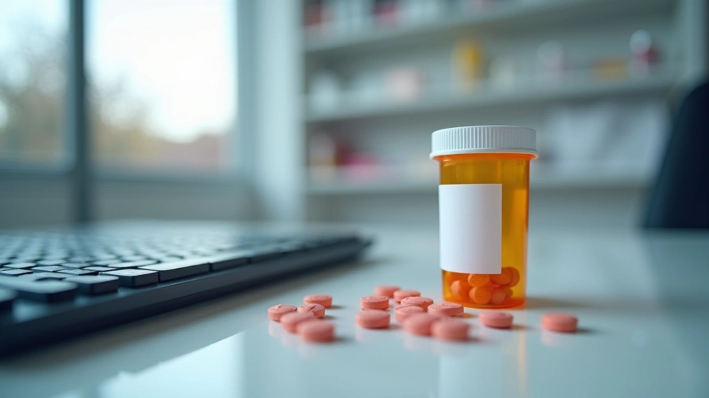 Close-up of prescription bottle with antibiotic medication next to computer keyboard, pharmacy background blurred, profession
