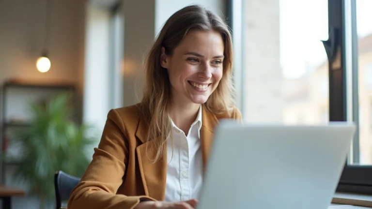 Professional woman smiling during video call on laptop in home office, wearing casual clothing, bright natural lighting from window, focused on screen