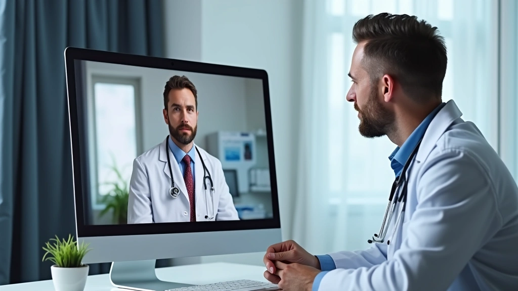 Doctor in white coat speaking to patient through video conference on computer screen in clinical setting, stethoscope visible