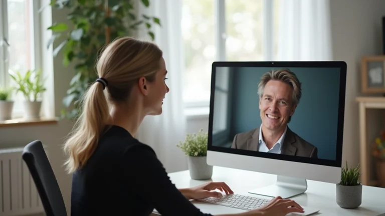 Professional woman sitting at home desk during video call with male psychiatrist on computer screen, modern bright living room, natural lighting, calm expression