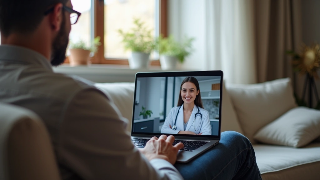 Male patient sitting on couch in living room during video consultation with female doctor visible on laptop screen, professio