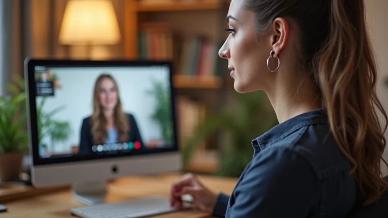 Professional woman in home office during video call with therapist on computer screen, warm lighting, comfortable setting, notebook visible