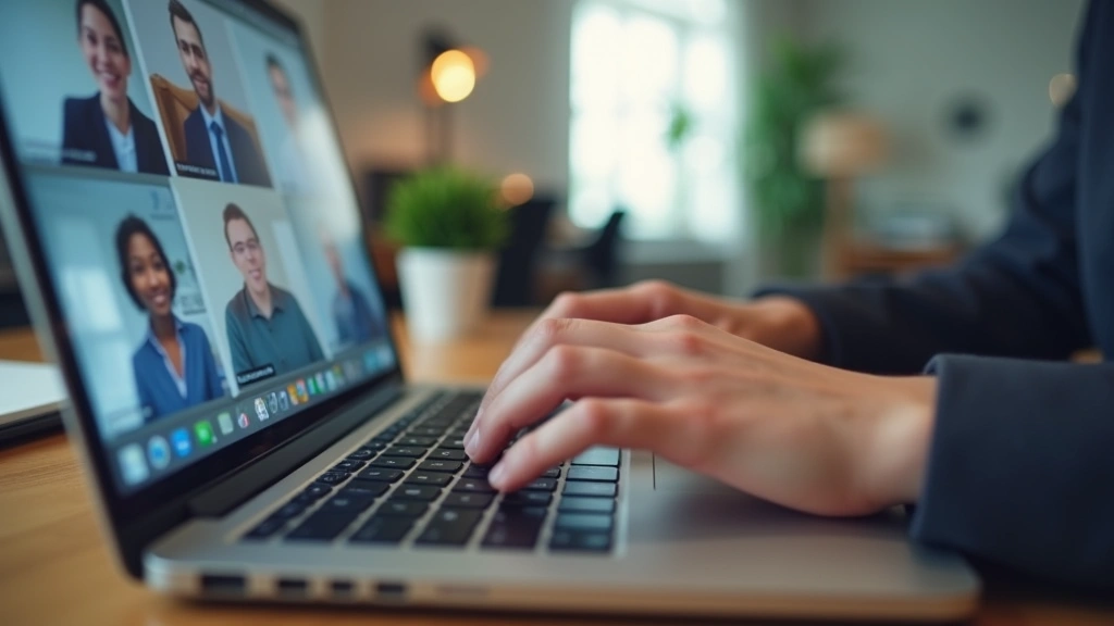 Close-up of hands typing on laptop keyboard with blurred video conferencing window in background, modern home office environm