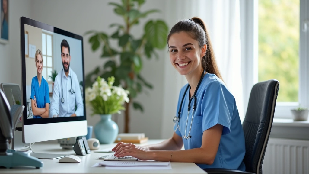 Professional female registered nurse in home office setting, smiling at computer screen during virtual patient consultation,