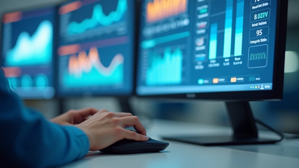 Close-up of registered nurse hands on keyboard and mouse, monitoring patient data dashboard on dual computer screens, medical
