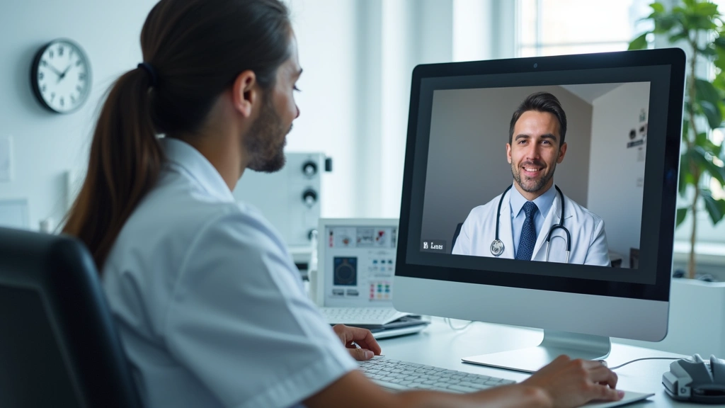 Healthcare provider conducting video consultation with patient on computer screen in modern clinical office setting with medical equipment visible
