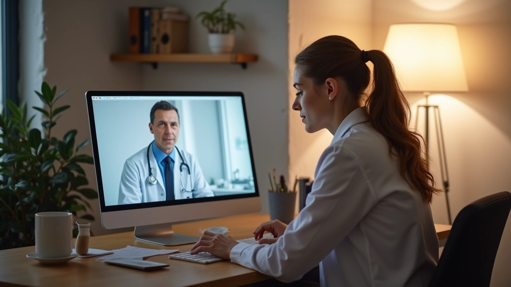 Patient sitting at home computer attending virtual medical appointment with doctor, warm professional environment with natura
