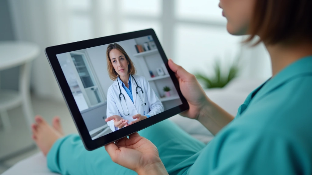 Close-up of tablet screen showing telehealth video call between patient and healthcare professional in clinical setting