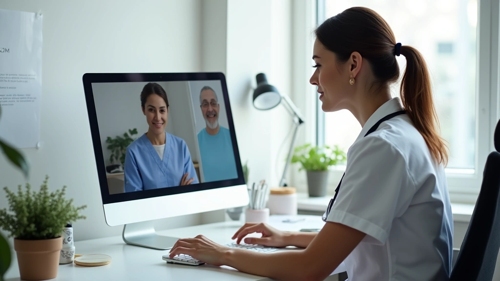 Professional female registered nurse in home office with computer, video call with patient on screen, modern clinical workspa