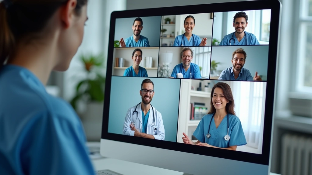 Diverse telehealth RN team in remote consultation, multiple healthcare professionals on video conference call, modern digital