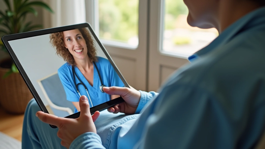Patient at home receiving telehealth nursing care via tablet, comfortable residential setting, nurse visible on screen during