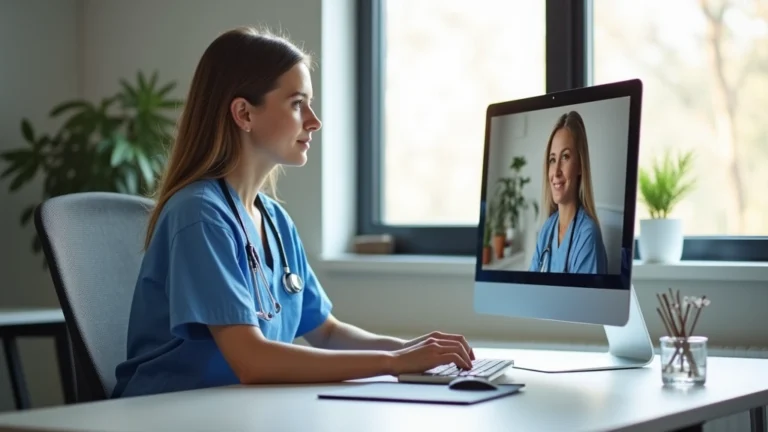 Professional female nurse at home desk with computer, video call consultation, modern office setup, natural lighting, focused expression, HIPAA-compliant workspace