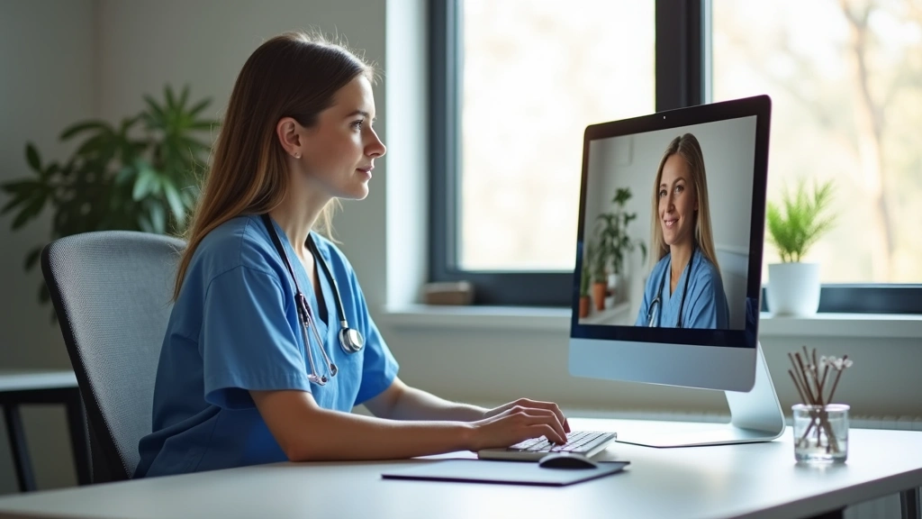 Professional female nurse at home desk with computer, video call consultation, modern office setup, natural lighting, focused expression, HIPAA-compliant workspace