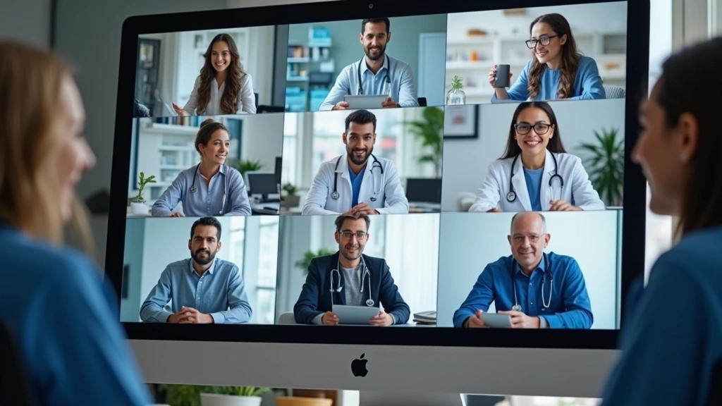 Diverse healthcare team in virtual meeting on computer screen, multiple telehealth professionals collaborating, video confere
