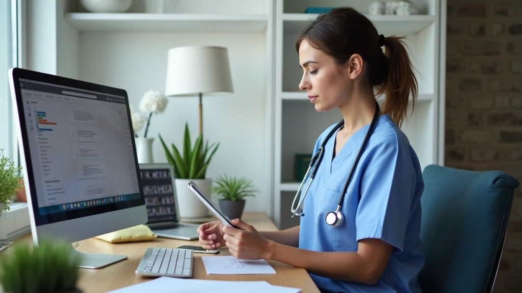Registered nurse reviewing patient records on tablet and computer simultaneously, remote work from home office, organized med